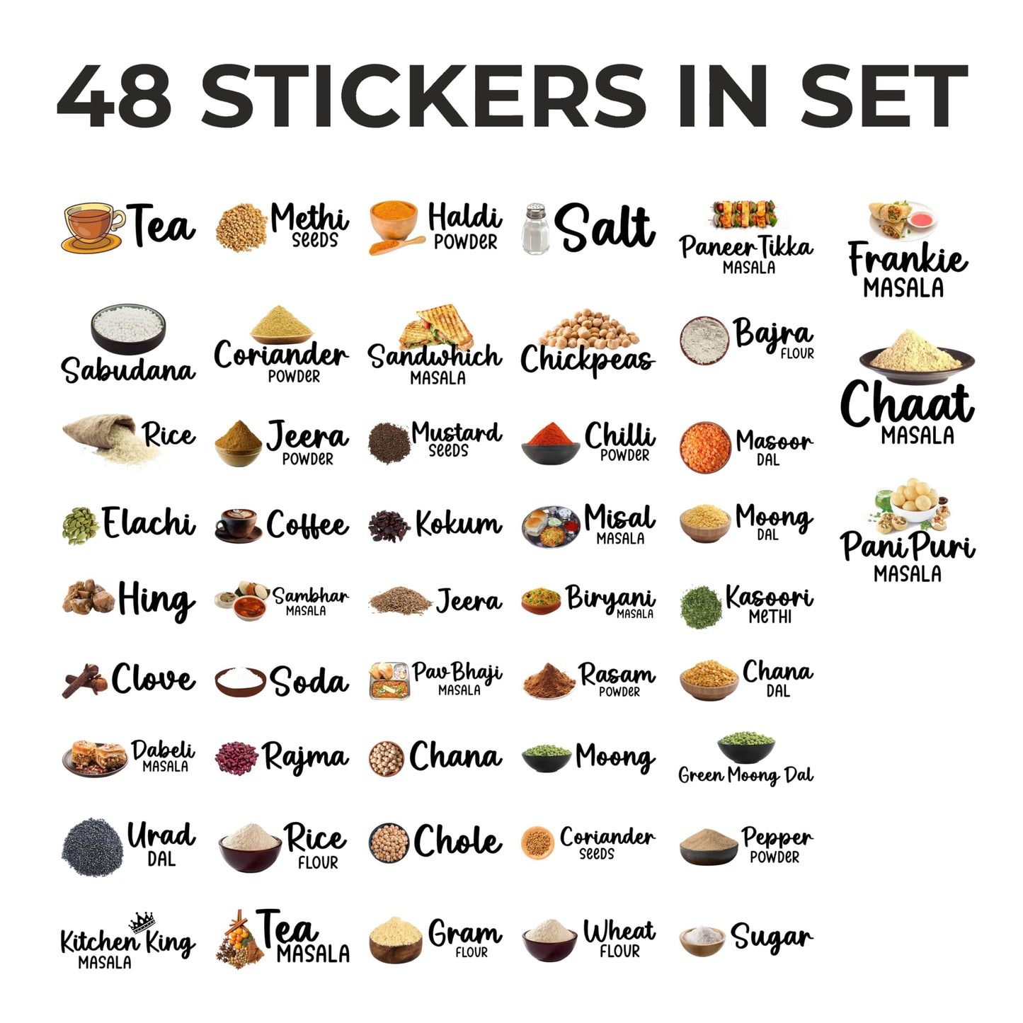 Indian Kitchen Labels Set, 48 Labels, Spice and Pantry Organization Stickers, 1.2 Inch Width