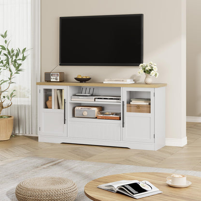 63" TV Stand for TVs up to 72" - Farmhouse Wave Design Entertainment Center with 2 Glass Door Cabinets & Open Shelves for Living Room, White & Natural