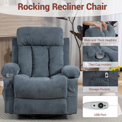 WiNVO 360° Swivel Rocking Chair, Rocker Recliner Chair with Vibration Massage and Heat, Ergonomic Lounge Chairs with Rocking Function and Side Pocket, Cup Holders, Blue