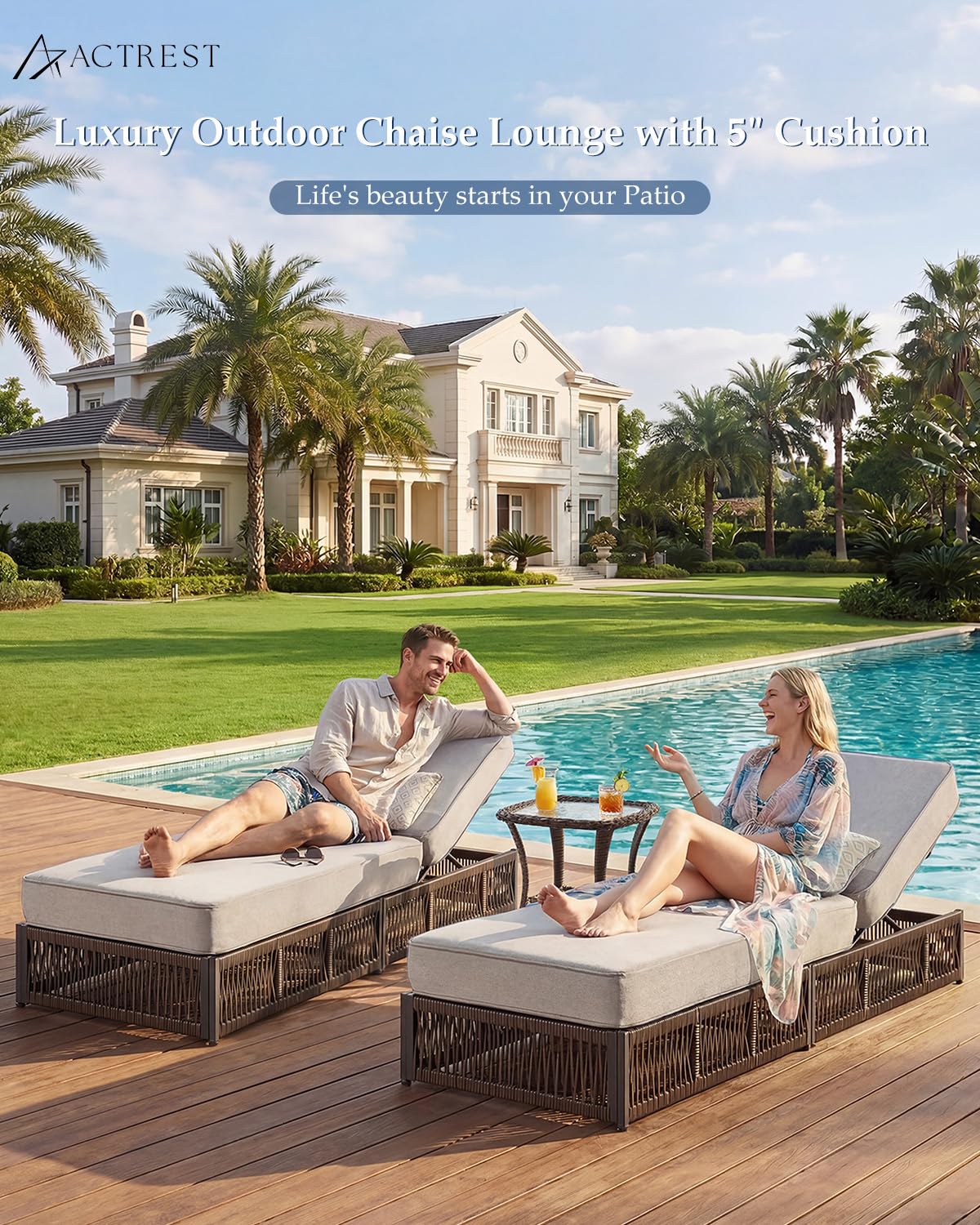 ACTREST Luxury Outdoor Chaise Lounge Chairs of 4 with 5 Inch Thick Cushions and Side Table - 6 PCS High Back Brown Wicker Rattan Patio Recliners Lounger Furniture Set for Poolside Sunbathing - Beige