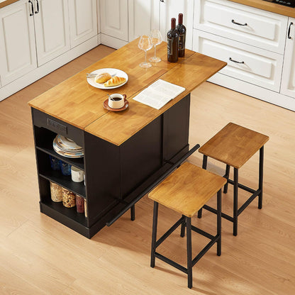 ONBRILL Stationary Kitchen Islands Include 2 Chairs, 47" Kitchen Island with Drop Leaf, Home Bar Table with Spice Rack & with Trash Cabinet, Island Table for Dining Room with Power Outlet, Black