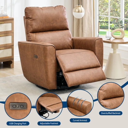 GarveeHome Power Recliner Chair, 270° Swivel Rocking Glider with USB Charging Port, PU Leather Upholstered Fabric, Ergonomic Modern Nursery Chair for Living Room, Bedroom, Nursery (Brown)