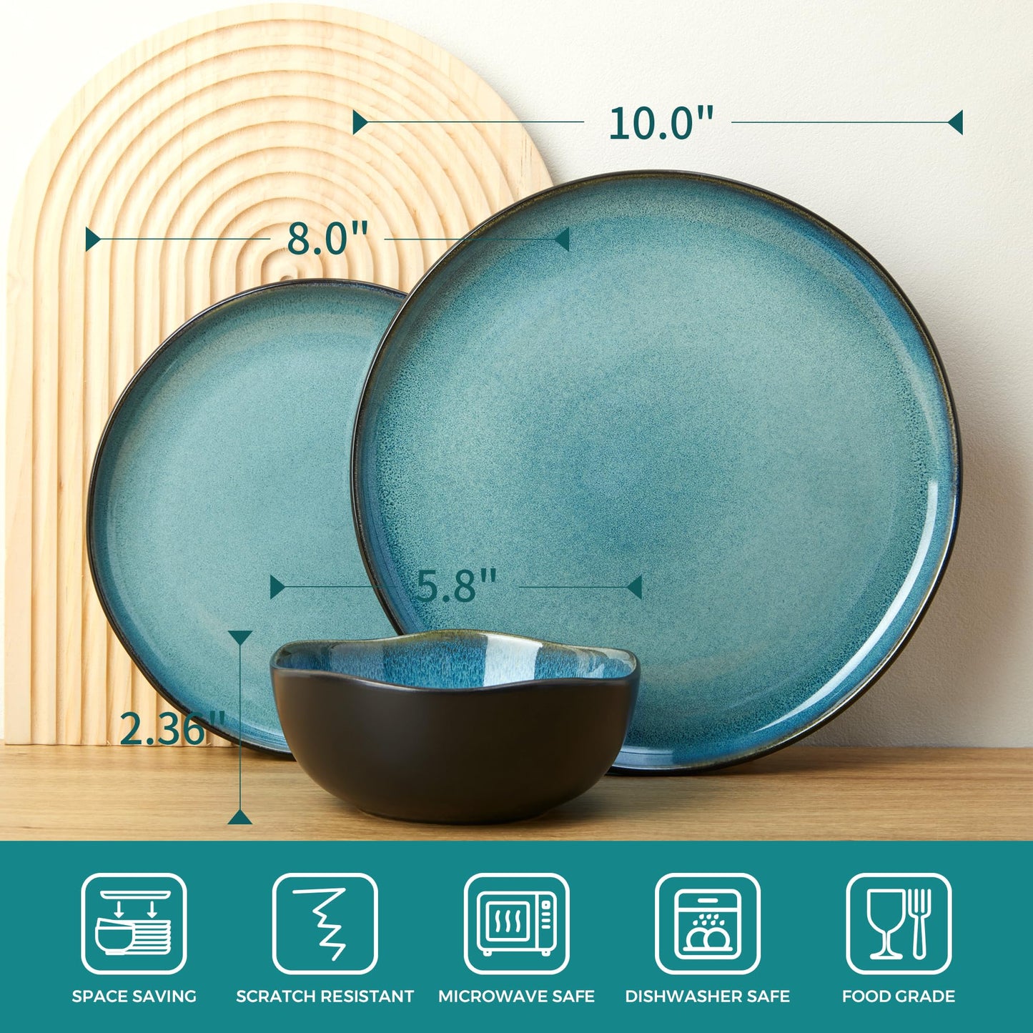 Pokini Extra Large Dinnerware Set for 12, 36 Pieces Ceramic Plates and Bowls Set, Kitchen Dish Set, Microwave & Dishwasher Safe Dishware, Ocean-Inspired Stoneware for Big Gatherings, Green Black