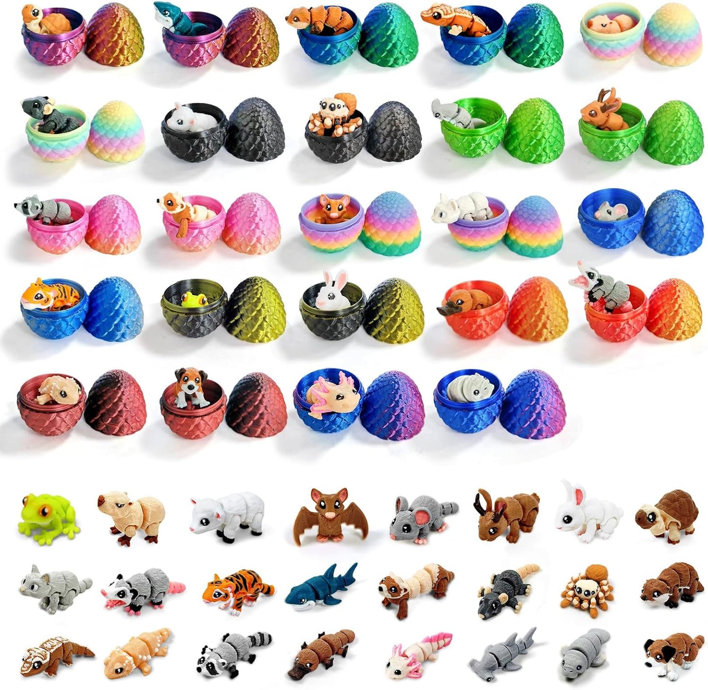 24 3D 1.5-2 Inch Pcs Mini Printed Animals in Sparkle Eggs - Articulated Animal Figurines with Multicolor Gradient