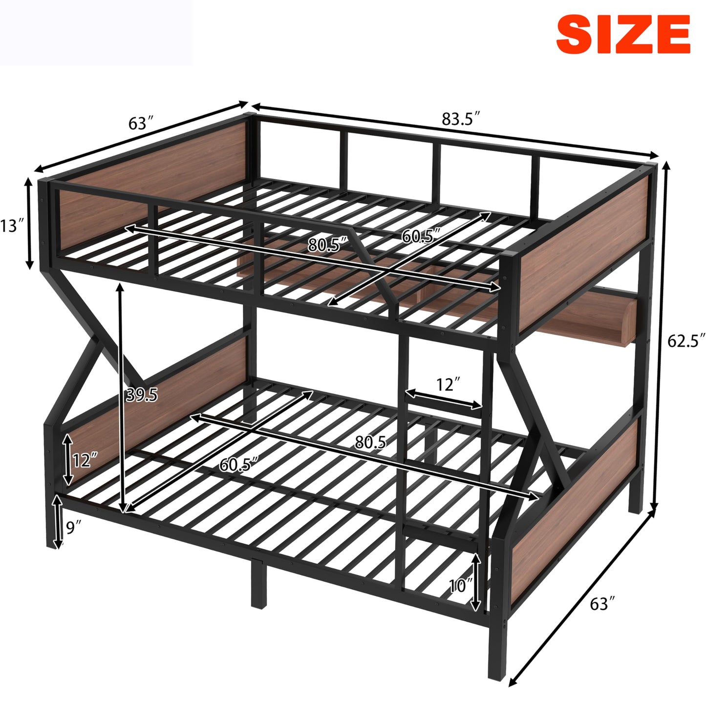 SIMPLEZC Upgraded Version Heavy Duty Thicken Metal Queen Over Queen Bunk Bed with Storage Shelves and Lights, Best Industrial Style Bunk Bed Frame with Wood Board for Adults (Queen Over Queen)