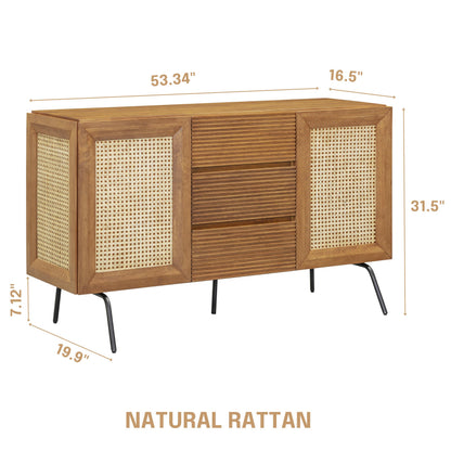 NTC MOSSIC Sideboard with 2 Doors and 3 Drawers, Buffet Cabinet with Natural Rattan and Metal Legs, Modern Storage Cabinet for Living Room, and Hallway, Effortless Assembly, Teak Look