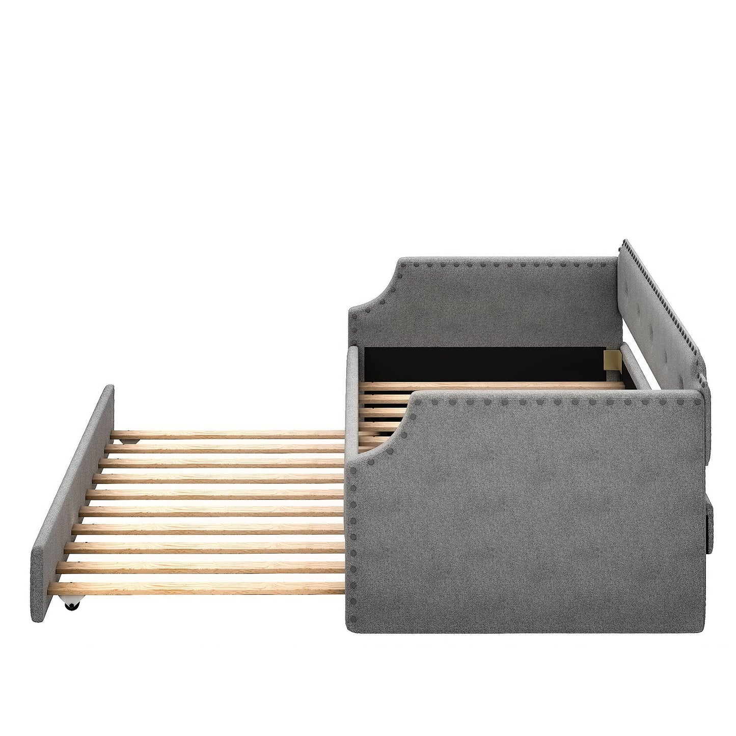 Merax Upholstered Daybed with Trundle, Wood Slat Support,Upholstered Frame Sofa Bed, Twin, Gray