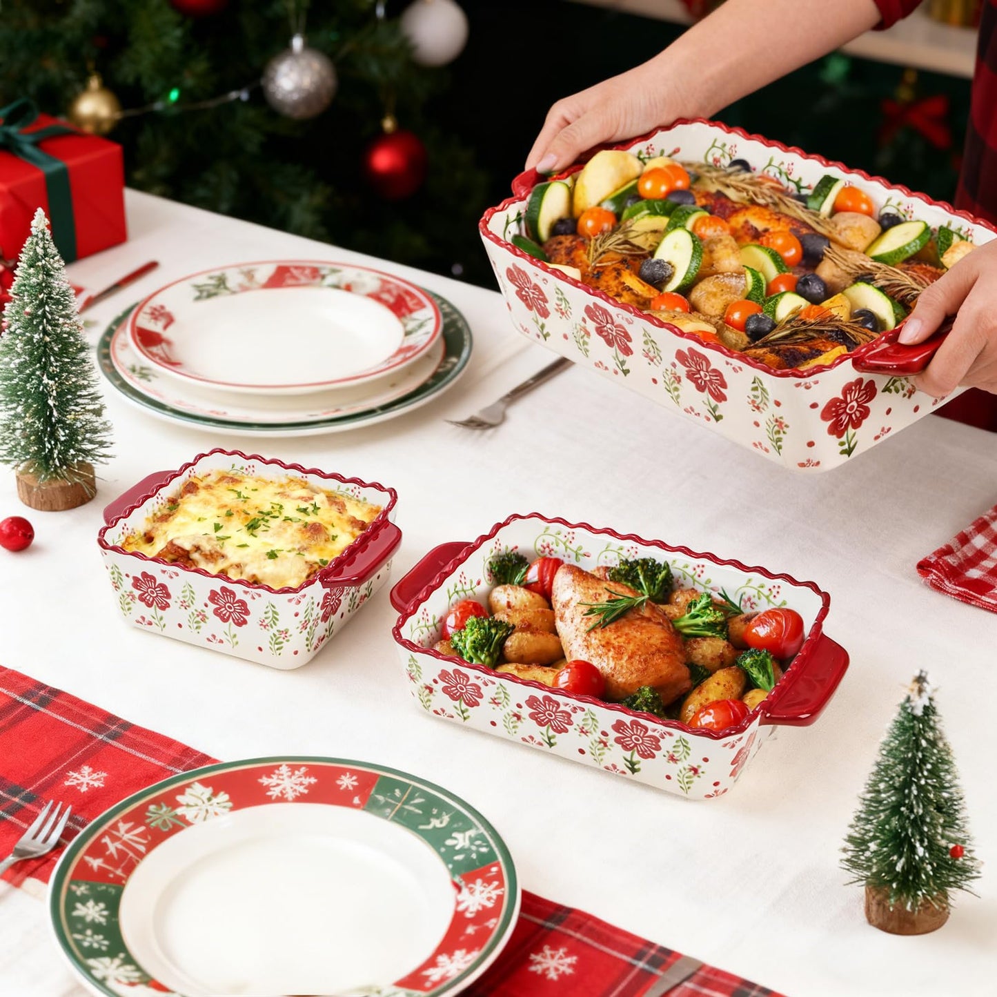 Coloch 3 Pack Ceramic Baking Dishes, Rectangular Bakeware Set Hand-painted Lasagna Pan Porcelain Serving Bakeware for Pasta, Chicken, Kitchen, Banquet, Microwave and Dishwasher Safe