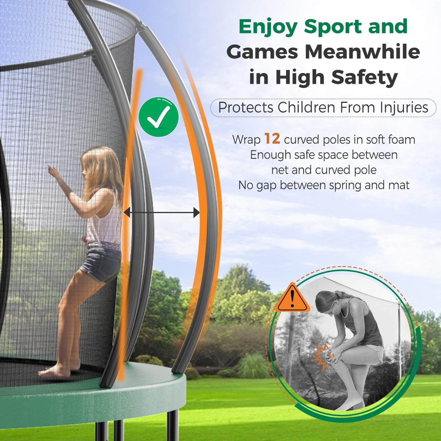 Tatub 16FT Upgrade Pumpkin Trampoline for Kids and Adults, Outdoor Recreational Trampolines with Basketball Hoop & Enclosure Net, Curved Poles & Storage Bag, Green