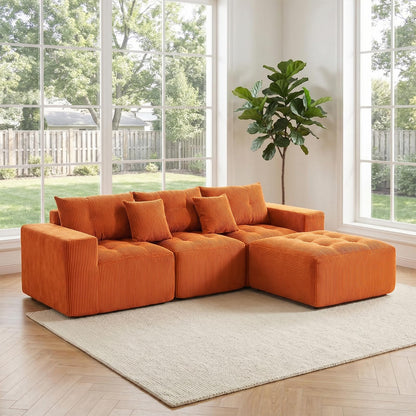 KEIKI 101" L-Shaped Modular Sofa, 3-Seater Compression Cloud Couch with Movable Ottoman, Corduroy Fabric Deep Seat Sectional, No Assembly Convertible Sofa for Apartment Small Living Room