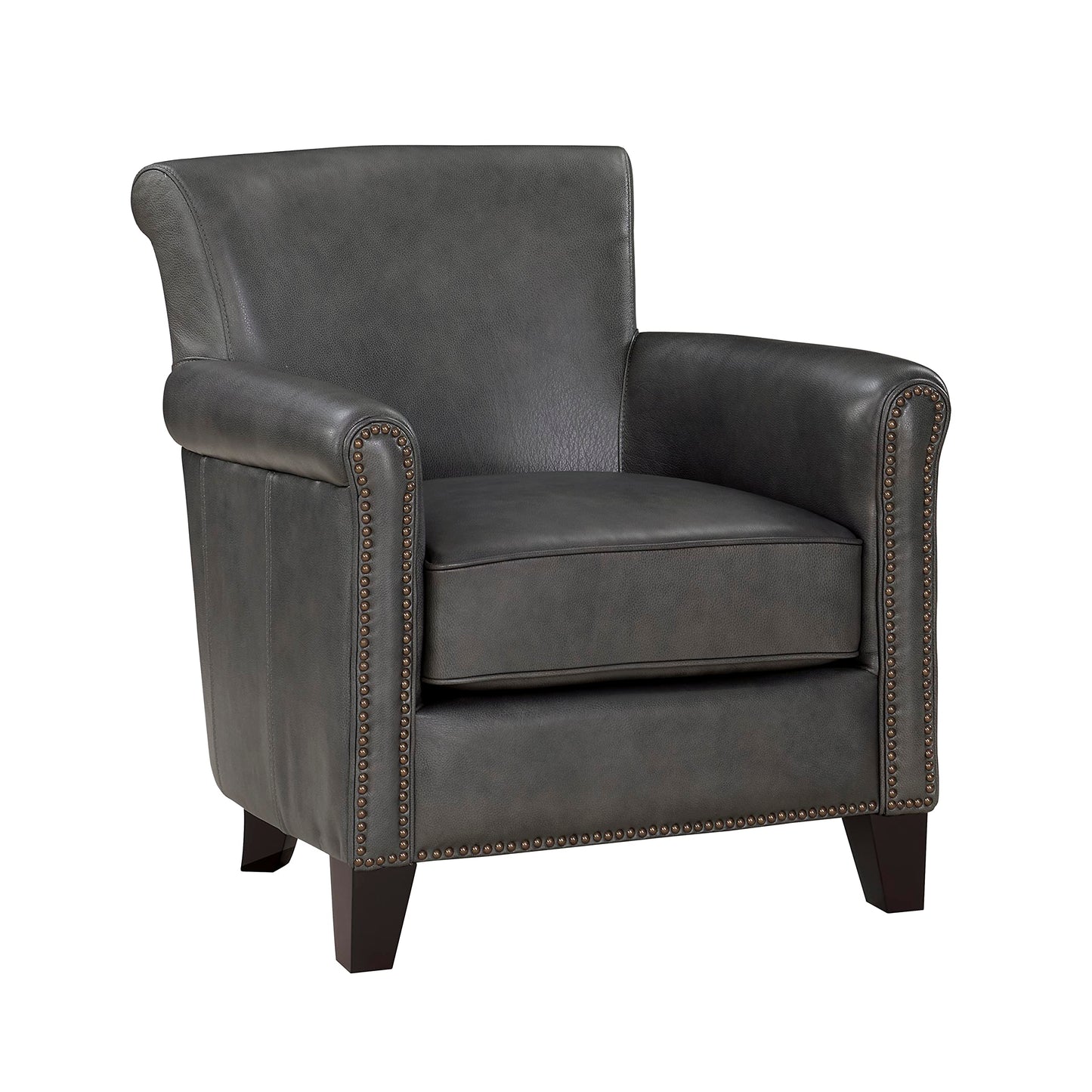 Lexicon 100% Top Grain Genuine Leather Chair, Leather Accent Chairs for Living Room, Solid Wood Frame, Rolled Armrest & Nailhead Trim, Comfy Reading for Bedroom, Office, Waiting Room, Classic Gray