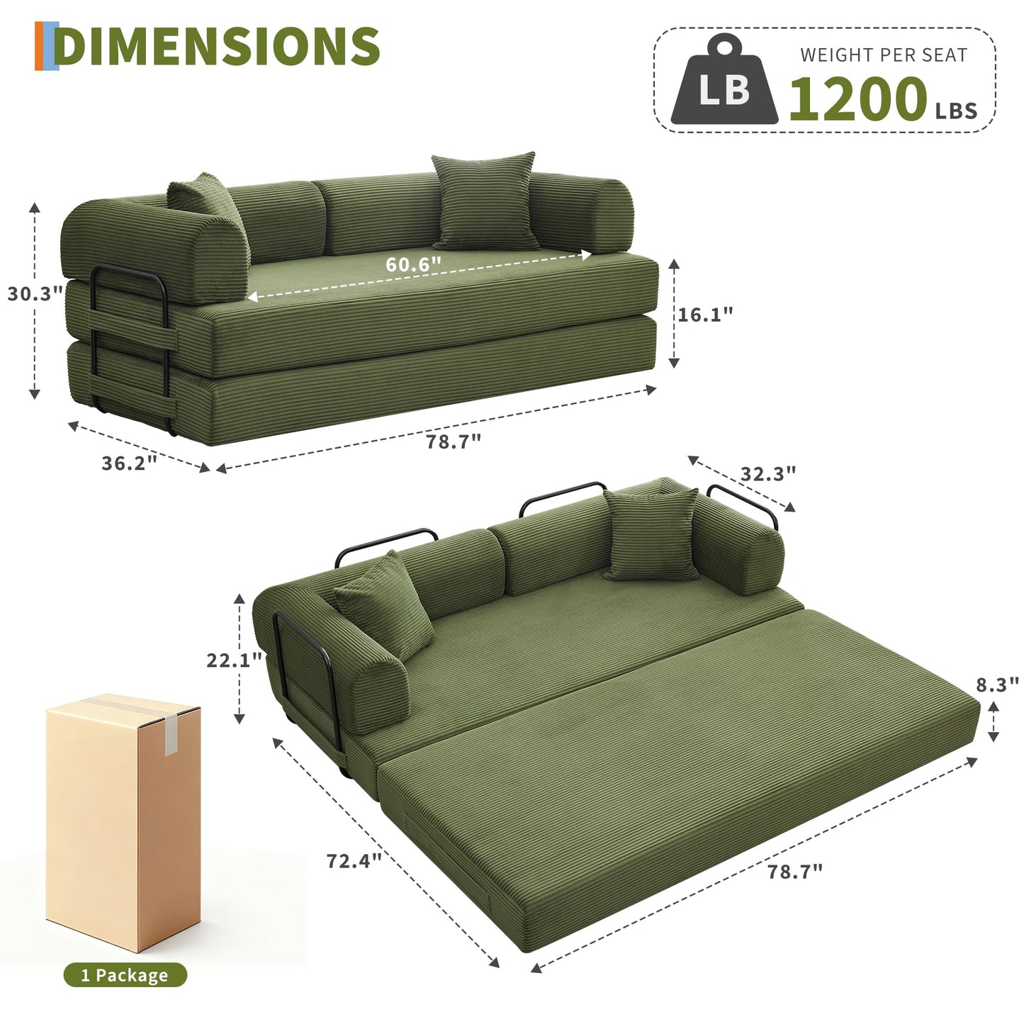 IDEALHOUSE 4 in 1 Convertible Sleeper Sofa Bed Couch, 79 Inch Boneless Corduroy Floor Couch with Pillows, No Assembly, Modern Deep Seat Sofa Futon Mattress for Living Room,Apartment,Green
