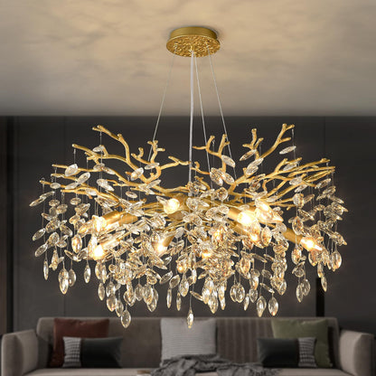 EGM Gold Tree Branch Crystal Chandelier, 32 Inch Modern Raindrop Crystal Ceiling Light Fixtures 10-Light(E12), Hanging Round Chandeliers for Dining Room Living Room Bedroom Foyer