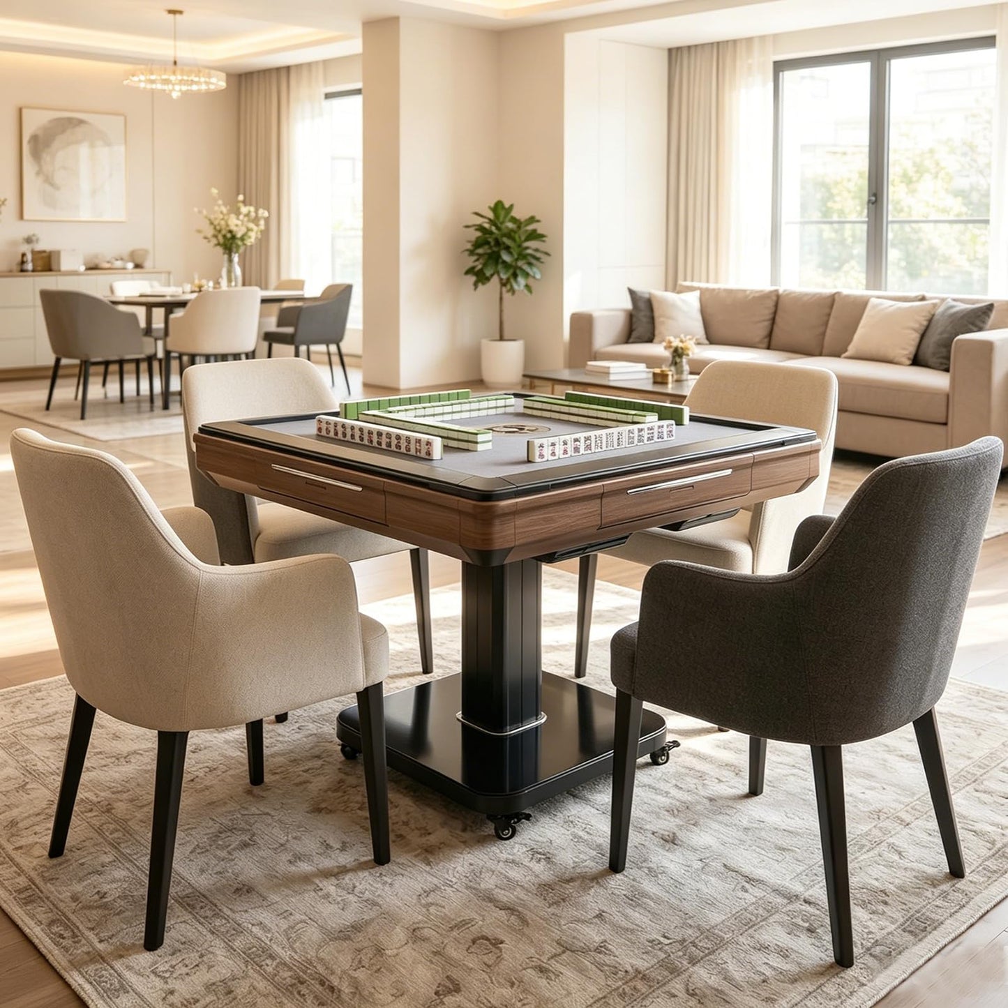 Automatic Mahjong Table, 2 Set Chinese & American Style 42mm Numbered Magnetic Tiles, Foldable - Saving Space, 4 Wheels - Easy to Move Around, 4 Storage Compartments, Low Noise, Tempered Glass Cover