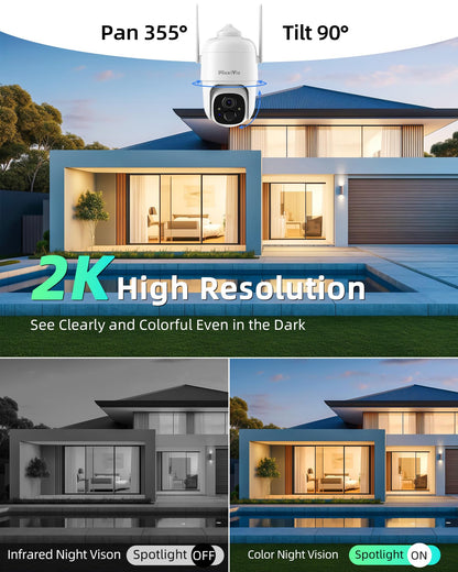 MaxiViz 2K Solar Camera Security Outdoor, 100% Wire-Free Security Cameras Wireless Outdoor with Solar Panel, 360° Panoramic View, Color Night Vision, AI Motion Detection, IP66 Weatherproof, 2 Pack
