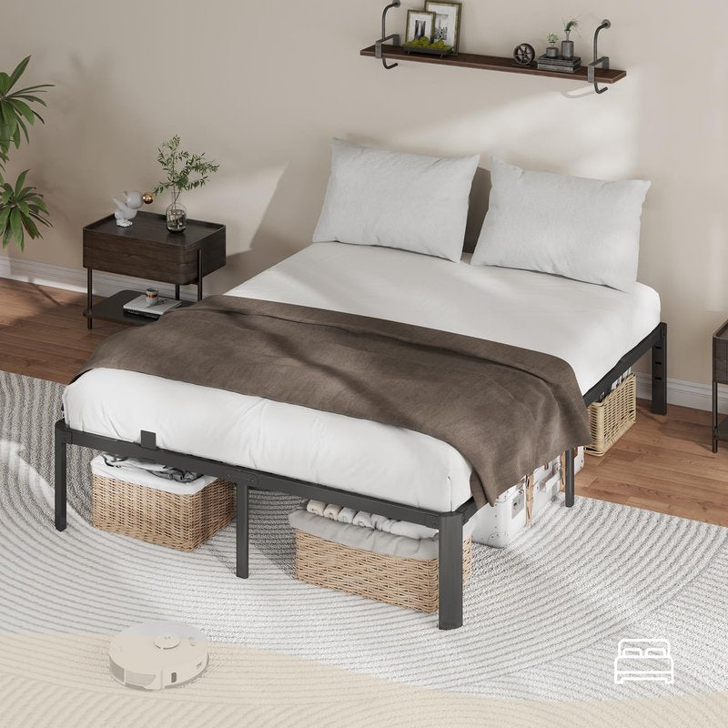 Metal Bed Frame Queen Size, 14 Inch 3500 lbs Heavy Duty Platform Bed Frames Steel Slats Noise Free No Box Spring Needed, Easy Assemble Sturdy Bedframe with Storage and Mattress Retainers