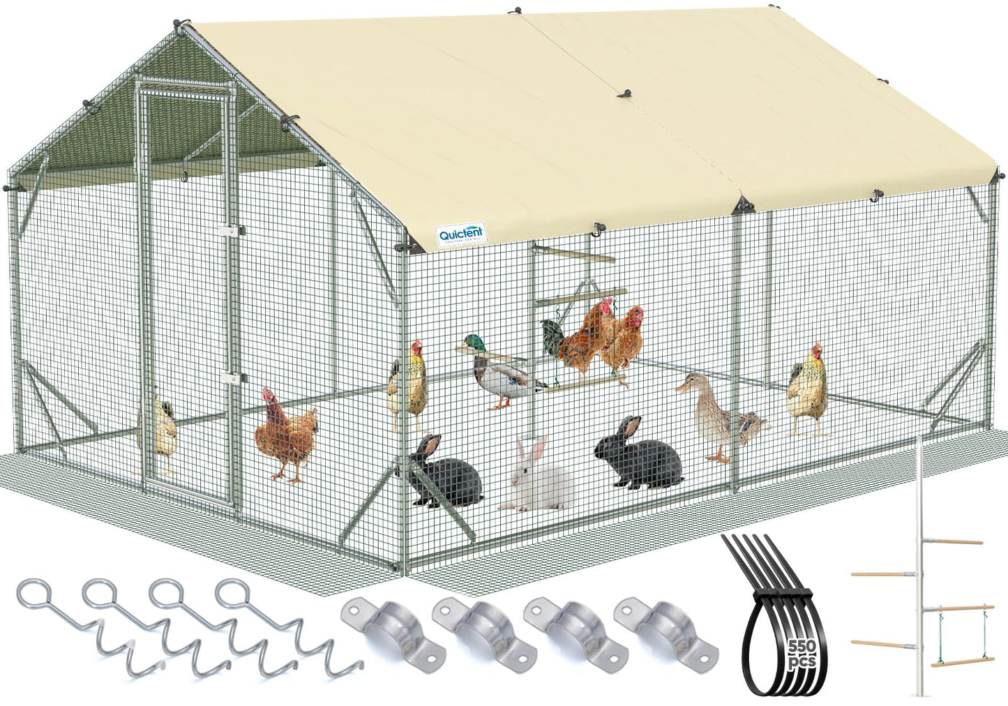 Quictent 12x9x6.6ft Metal Chicken Coop Run with Perch & Swing, Elite Series Large Walk-in Outdoor Poultry Cage Heavy Duty Predator Proof Hen Duck Rabbit Farm Pen House, Waterproof Anti-UV Cover