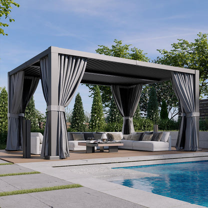 Aoxun Louvered Pergola 12' x 16' Aluminum Outdoor Pergola with Independent Adjustable Roofs, Curtains and Netting, Built-in Drainage System for Patios & Backyards, Rust Resistant Frame