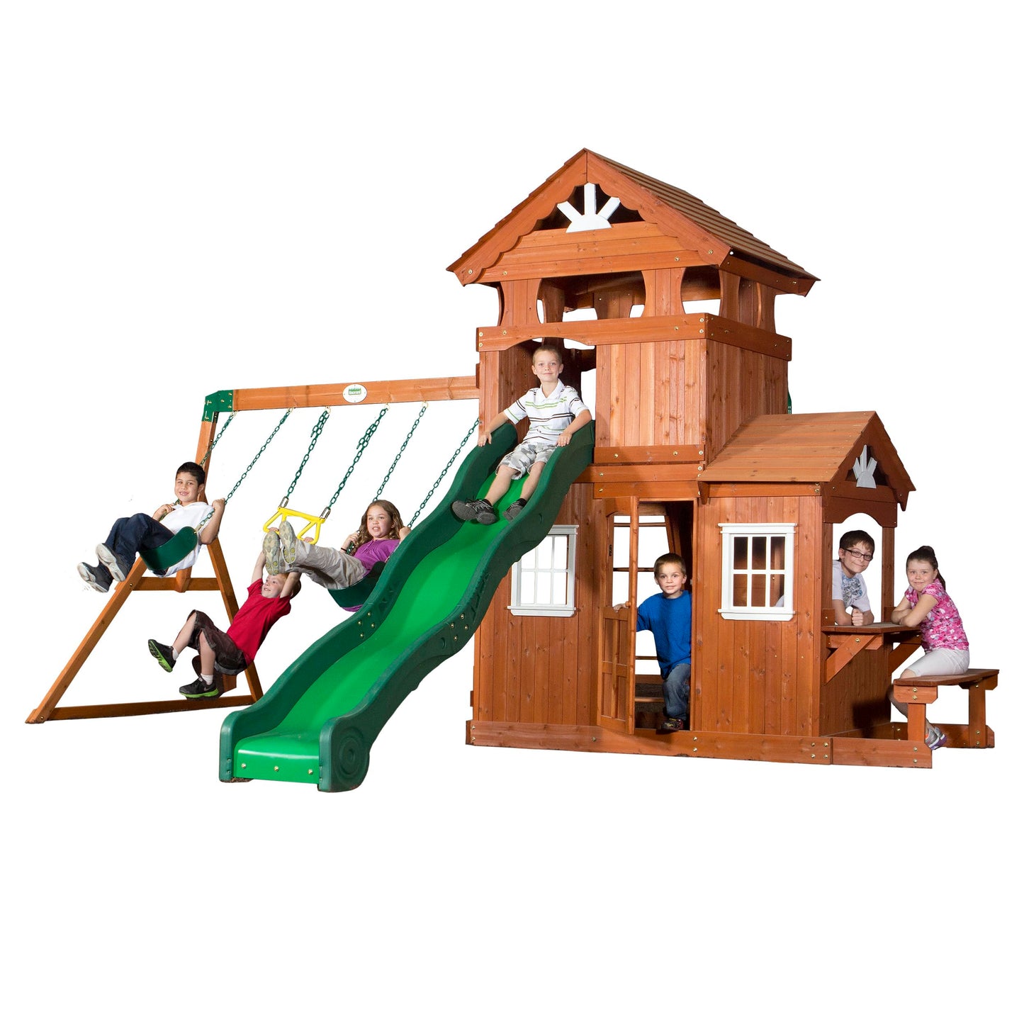 Backyard Discovery Shenandoah Cedar Wood Swing Set with Wave Slide, Raised Clubhouse, Playhouse, Play Kitchen, Belt Swings, Trapeze, Rock Wall, Ladder, Picnic Table, Full Door, Outdoor Playset