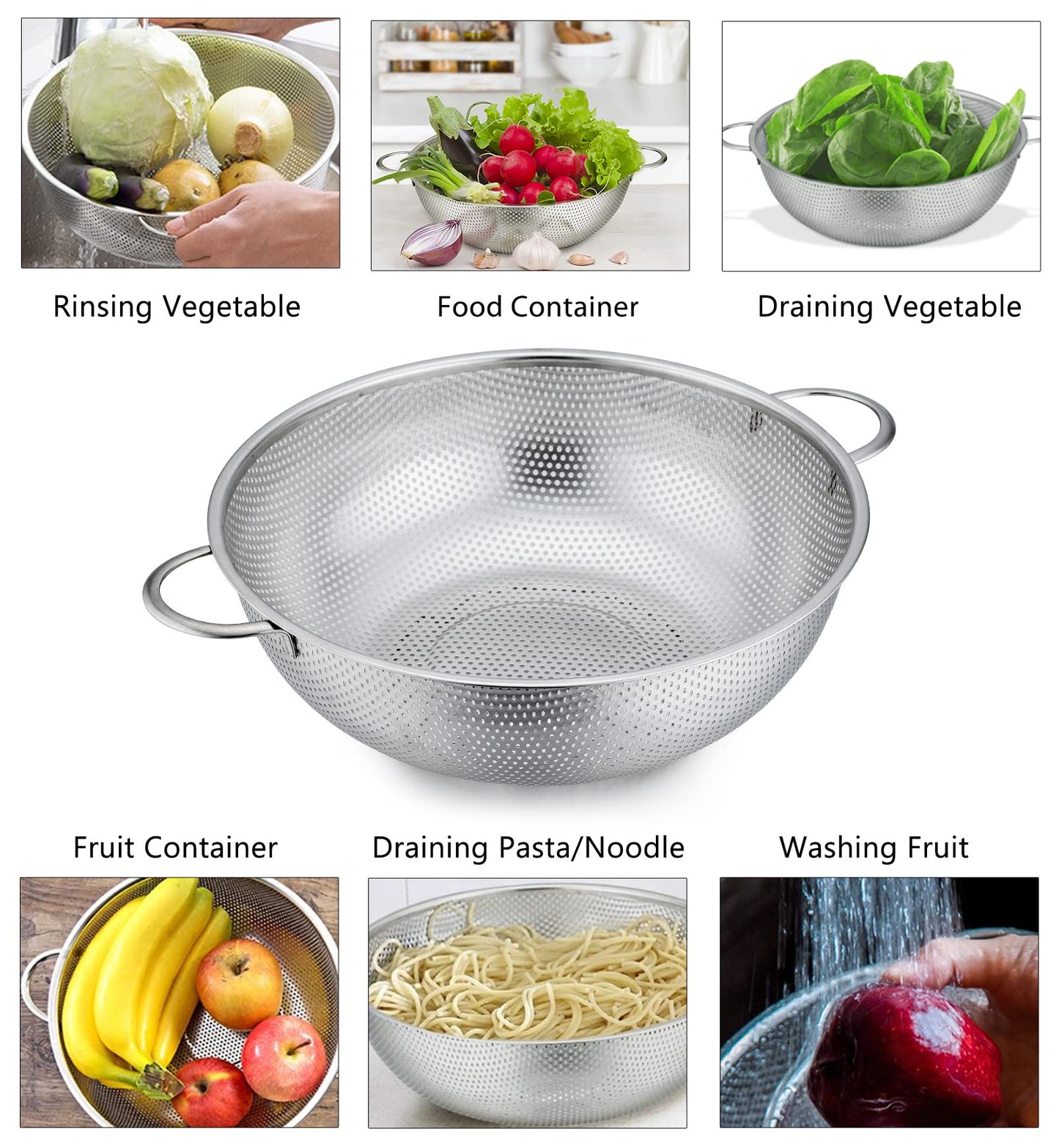 P&P CHEF Colander Set of 3, Stainless Steel Micro-Perforated Colanders Strainers for Draining Rinsing Washing, Ideal for Pasta Vegetables Fruits, Heavy Duty & Dishwasher Safe - 1/3/5 Quart
