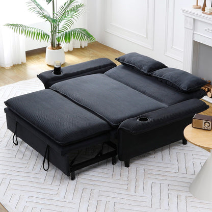 KEIKI 66" Convertible Sofa Bed w/Cup Holder, 3 in 1 Corduroy Sleeper Couch with Pull Out Bed, Adjustable Armrests & Backrests, Modern Chaise Lounge Chair for Living Room Bedroom, Easy Assembly, Black
