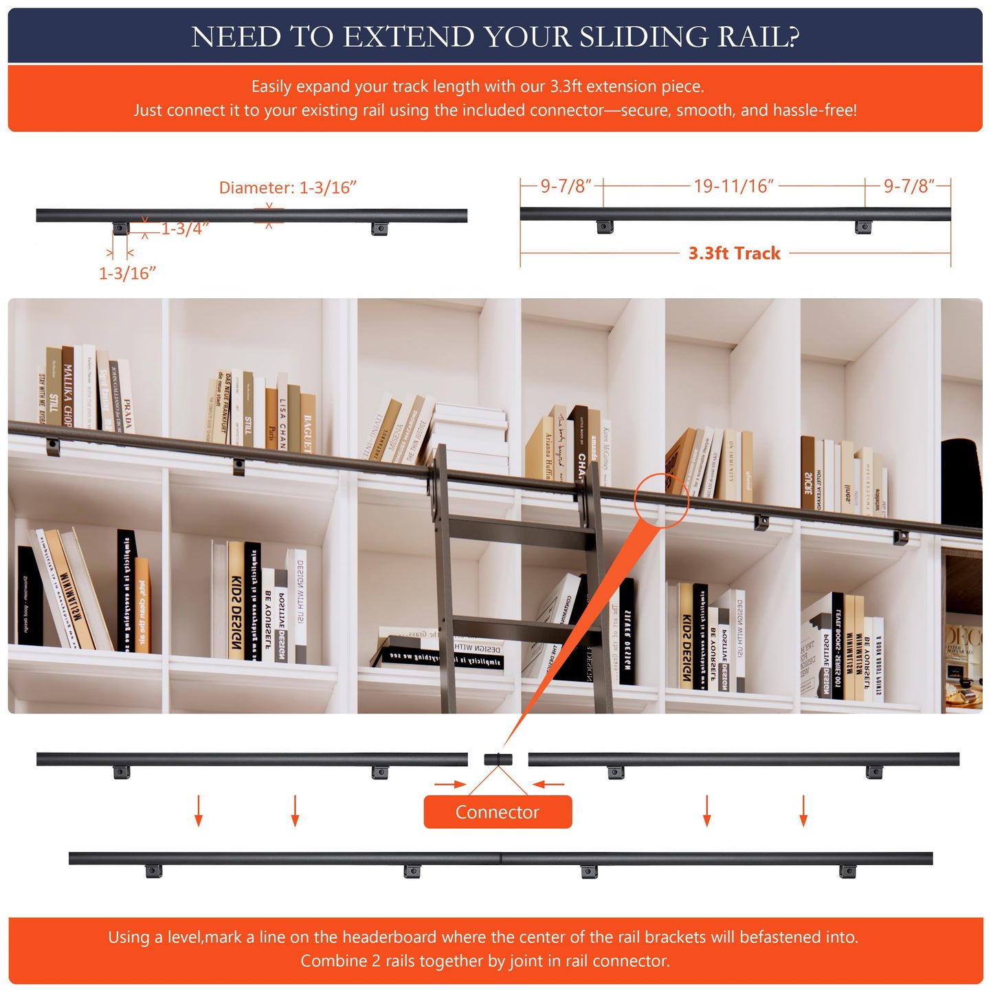 HARDJULAN 87" Black Sliding Library Ladder with 3.3FT Hook Track – Lightweight Aluminum Rolling Ladder with Braking Wheels, Space-Saving Rail Mounted Ladder System for Home Library, Closet & Storage