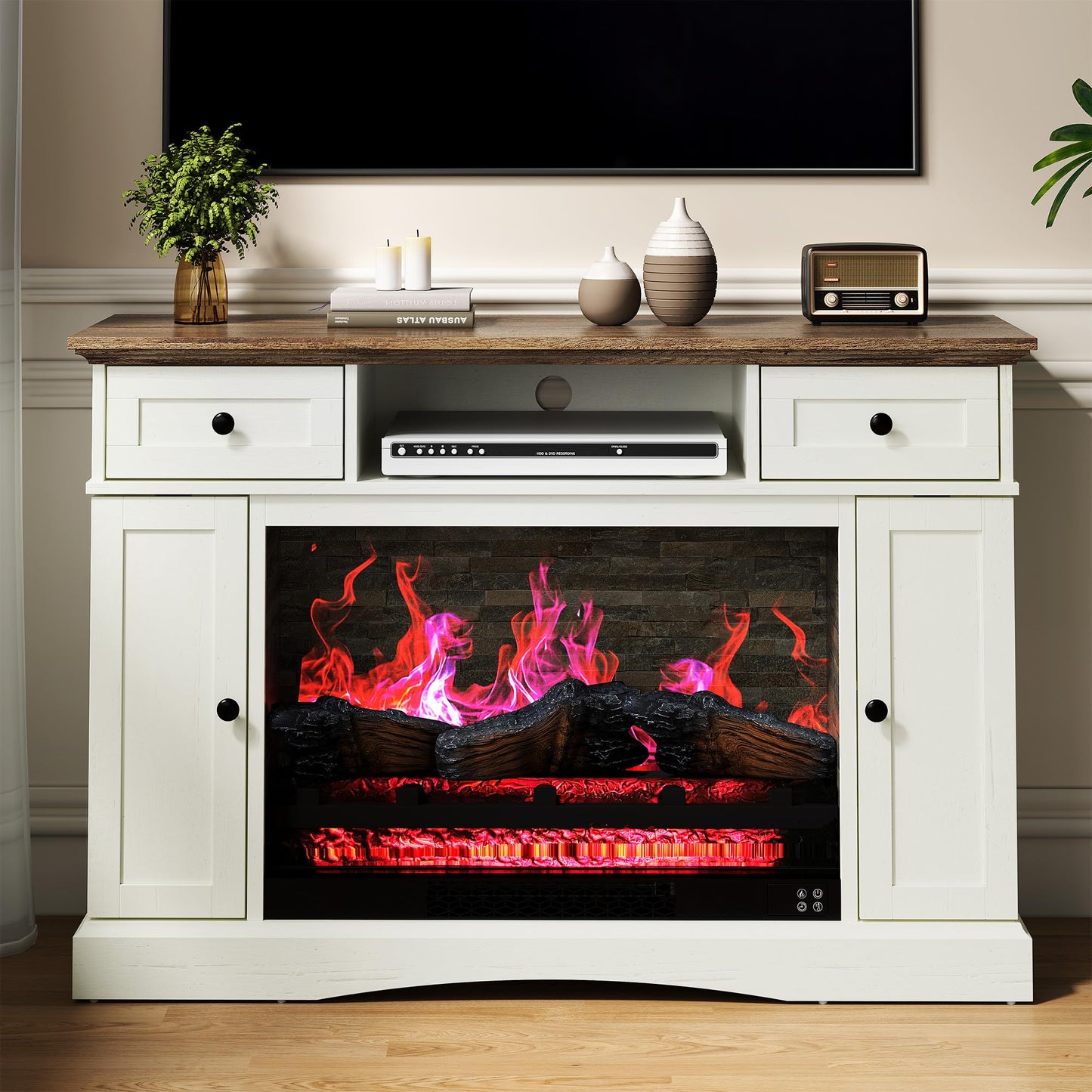 FansaFurn TV Stands with 28'' Electric Fireplace, Media Console Table with Adjustable Shelves & Double-Door, Entertainment Center for TVs up to 55'' for Living Room, White and Rustic Oak