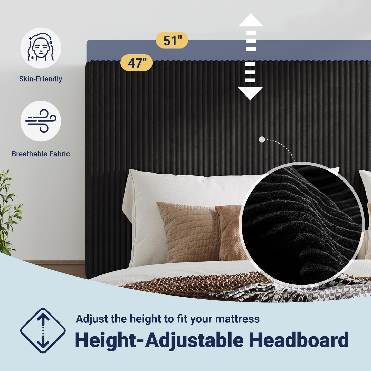 Allewie King Size Upholstered Bed Frame with Vertical Channel Tufted Headboard, Soft Corduroy Fabric Platform Bed, Strong Wooden Slats Support, Easy Assembly, No Box Spring Needed, Black