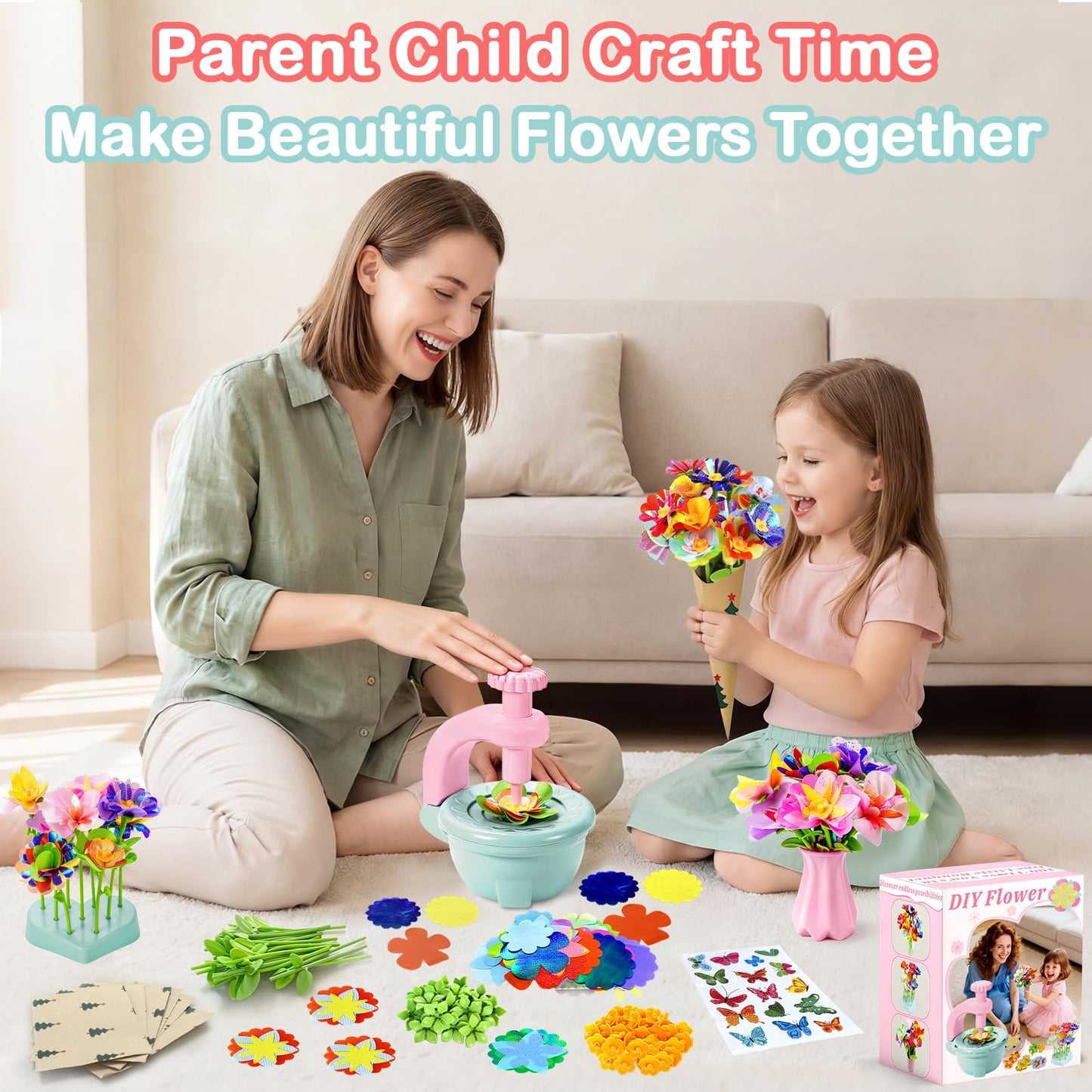Loshuer Fabric Flower Bouquets Toys, Flower Making Kit for Kids Ages 3+, DIY Arts and Crafts Activity for Preschool Toddlers, Screen-Free Craft Gifts for Girls, Home Classroom Craft Play