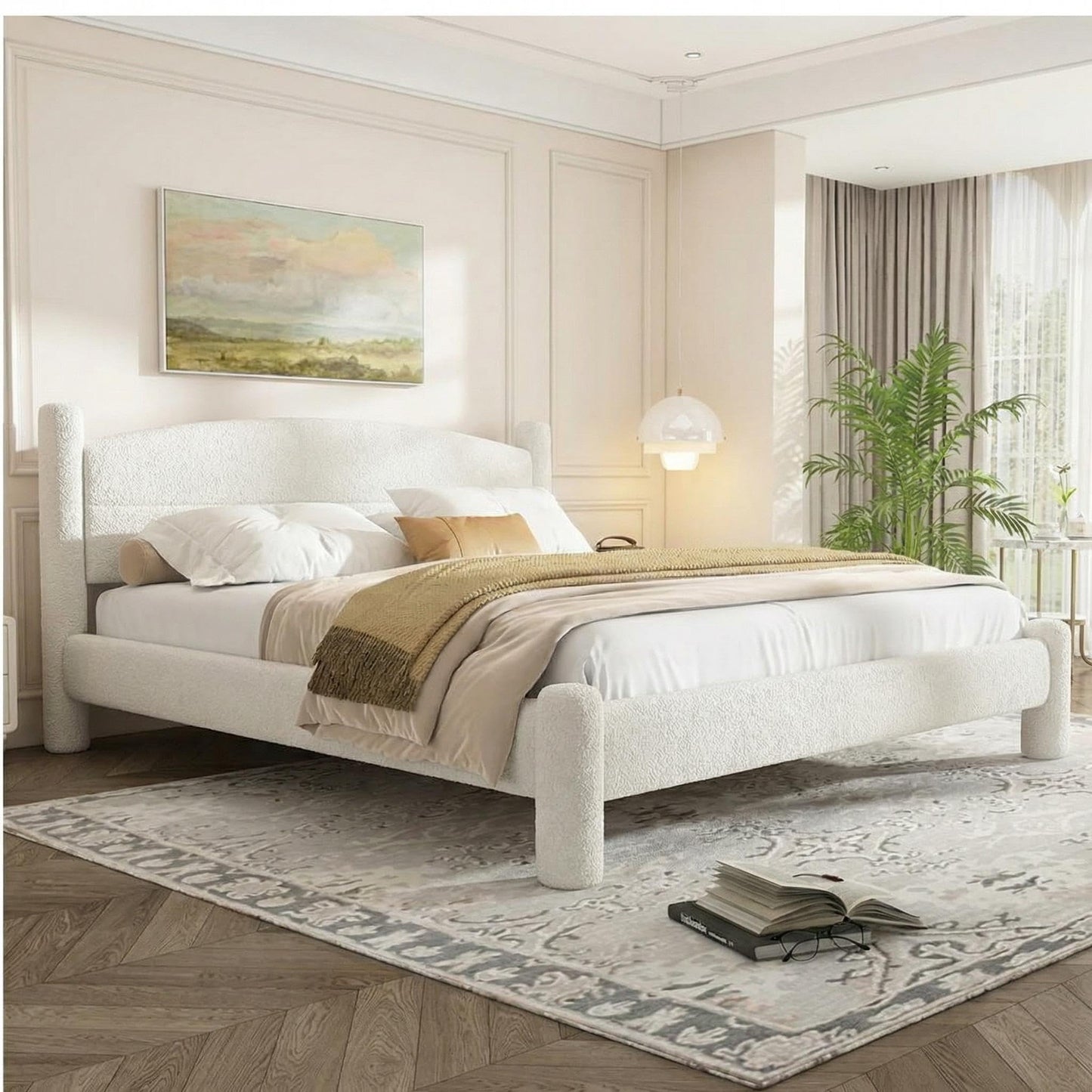 Garvee King Size Boucle Bed Frame, Upholstered Platform Cloud Bed with Soft Round Headboard & Cylindrical Legs, Heavy Duty & Noise Free, No Box Spring Needed, Easy Assembly, White
