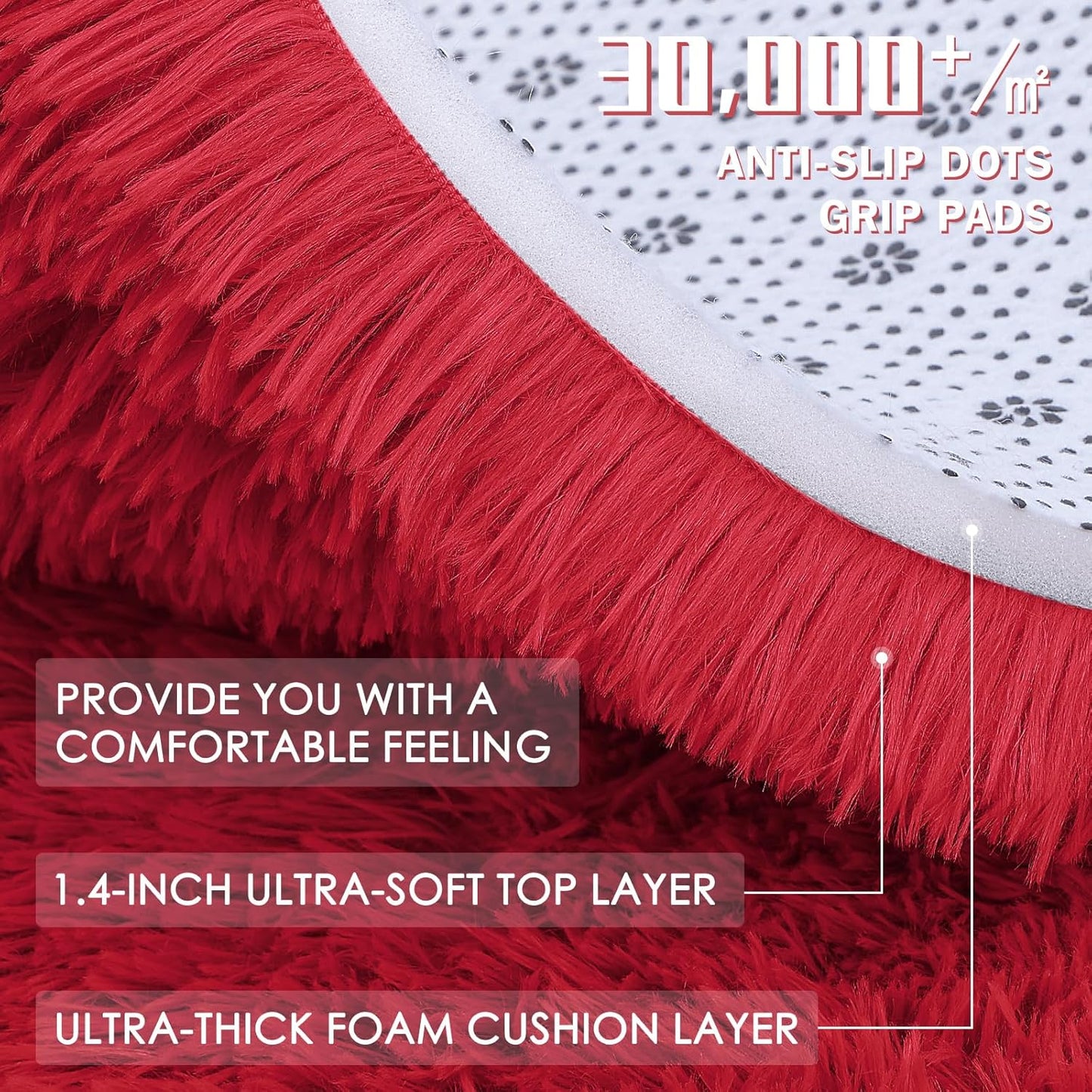 OLANLY Red Round Area Rug - Soft, Fluffy, Machine Washable 2 ft Circle Carpet for Bedroom & Living Room Decor