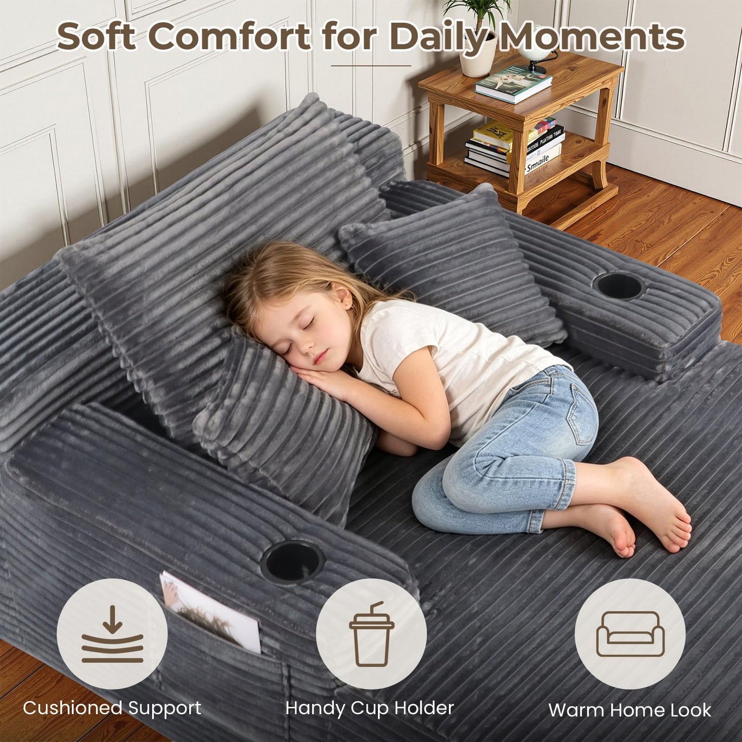 Yafylly 65" Boneless Chaise Lounge, Oversized Corduroy Sleeper Bed with Cup Holders & Side Pockets – No Assembly, for Living Room, Bedroom, Reading Nook, Lounge, Grey