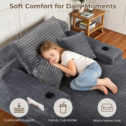 Yafylly 65" Boneless Chaise Lounge, Oversized Corduroy Sleeper Bed with Cup Holders & Side Pockets – No Assembly, for Living Room, Bedroom, Reading Nook, Lounge, Grey