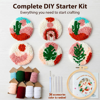 Avtytsda 6PCS Punch Needle Coaster Kit,Easy Punch Needle DIY Embroidery Set with Tools, Yarns, Hoop, Instructions Easy for Beginners, Kids, Adults, Handmade Gift and Decoration (Pink)