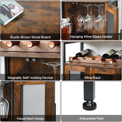 X-cosrack Wine Bar Rack Cabinet with Detachable Wine Rack, Coffee Barwith Glass Holder, Small Sideboard and Buffet Cabinet with Mesh Door, Rustic Brown(Patent Pending)