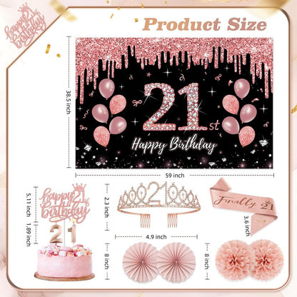21st Birthday Decorations for Her,50Pcs PRE-STRUNG Rose Gold Black Party Set-21 Years Old Crown and Sash,Banner,Hanging Swirl,Backdrop Decor,CakeTopper,Age Candle, Balloons,Paper Fans,PRE-ASSEMBLED