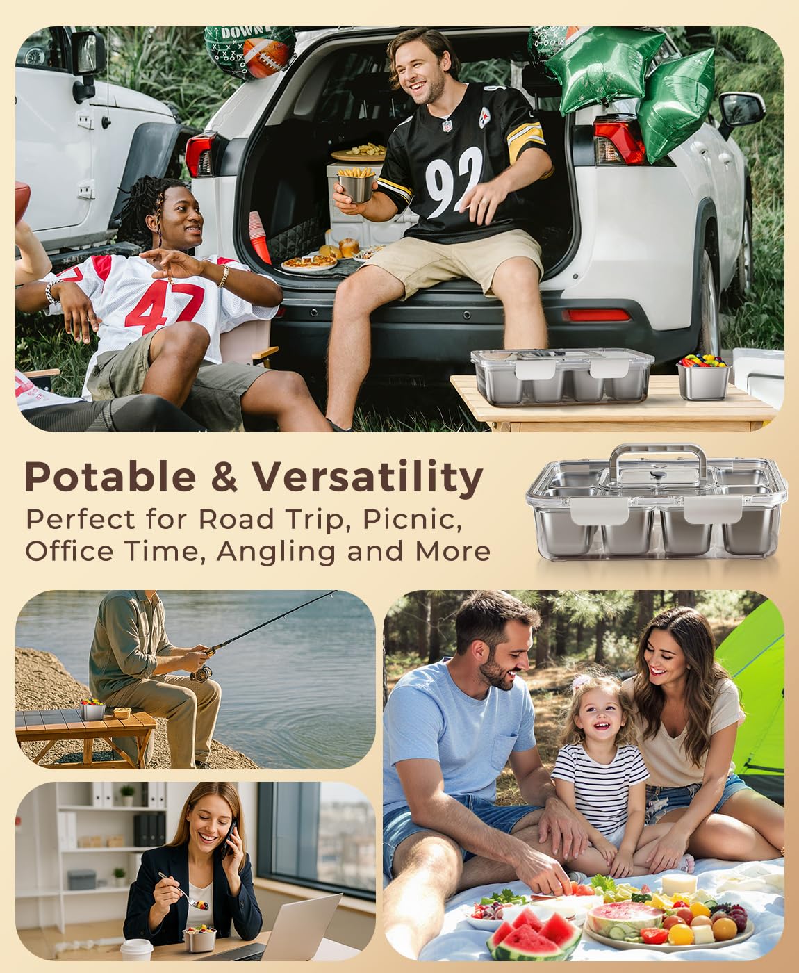 Osfel Snackle Box Container with 8 Removable Stainless Steel Compartments Divided Serving Tray with Portable Handle for Beach, Road Trip, Picnic, Boat Days, Ball Games, Pool and Parties