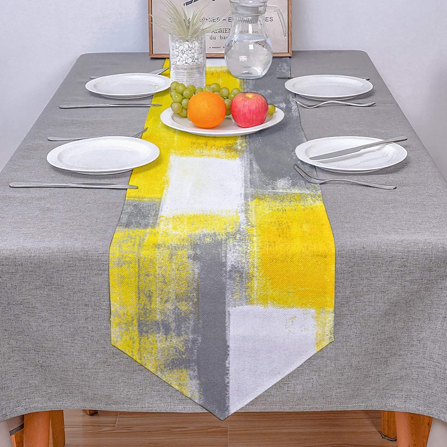 Yellow and Gray Table Runner, Farmhouse Style Burlap Abstract Modern Art Painting Decorative 13 X 90 Inch