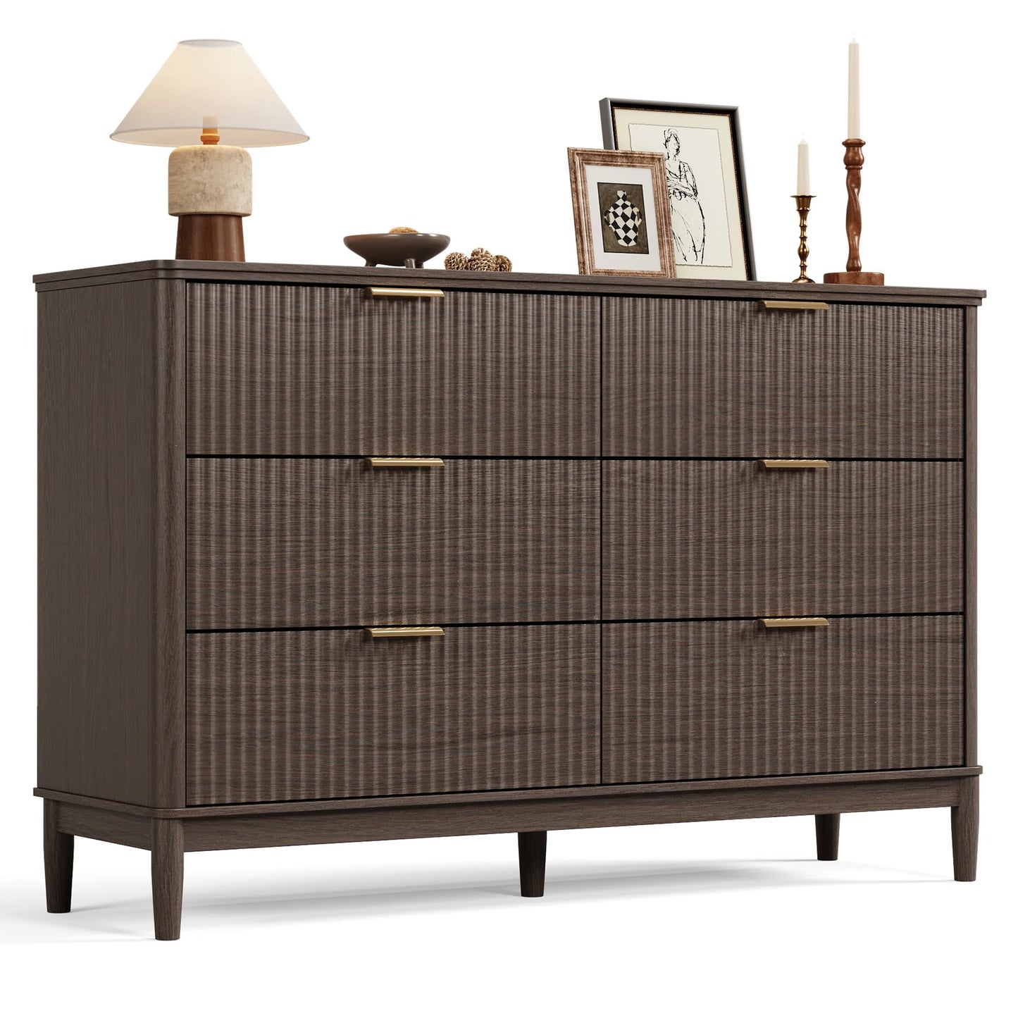 LINSY Fluted Dresser for Bedroom with 6 Drawers, Mid Century Modern Chest of Drawers with Gold Metal Handles, Wide Boho Wood Dressers, Large Farmhouse Storage Cabinet for Bedroom, Living Room, Walnut