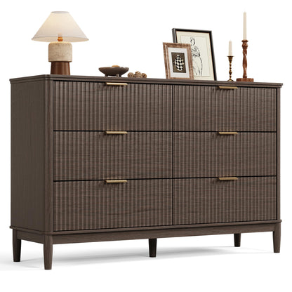 LINSY Fluted Dresser for Bedroom with 6 Drawers, Mid Century Modern Chest of Drawers with Gold Metal Handles, Wide Boho Wood Dressers, Large Farmhouse Storage Cabinet for Bedroom, Living Room, Walnut