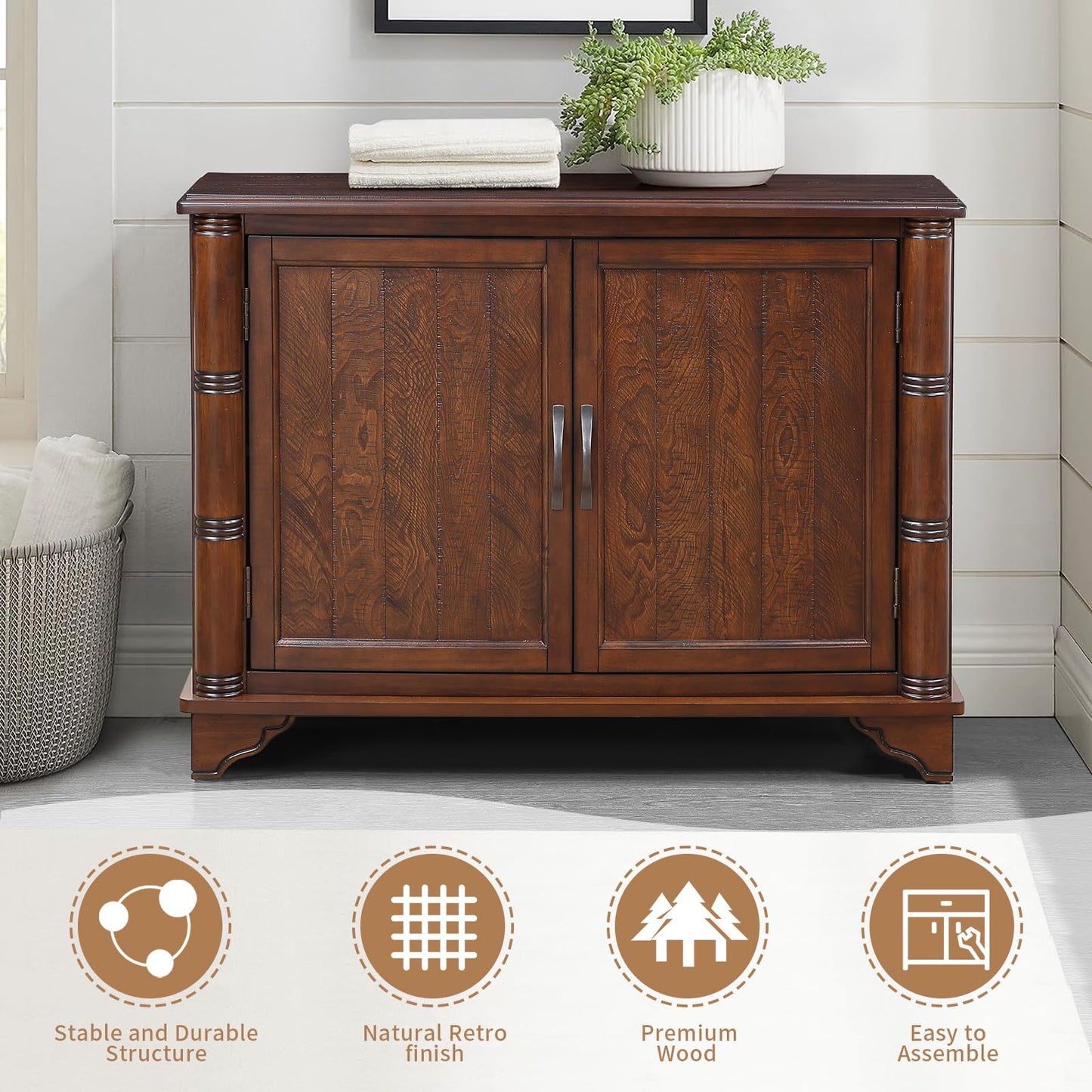 HMFULE 40" Sideboard Cabinet 2-Doors Solid Wood, Retro Buffet Cabinet with Storage Adjustable Shelf, Console Table Accent for Hallway, Living Room, Dining Room, Kitchen, Entry Way (Brown)