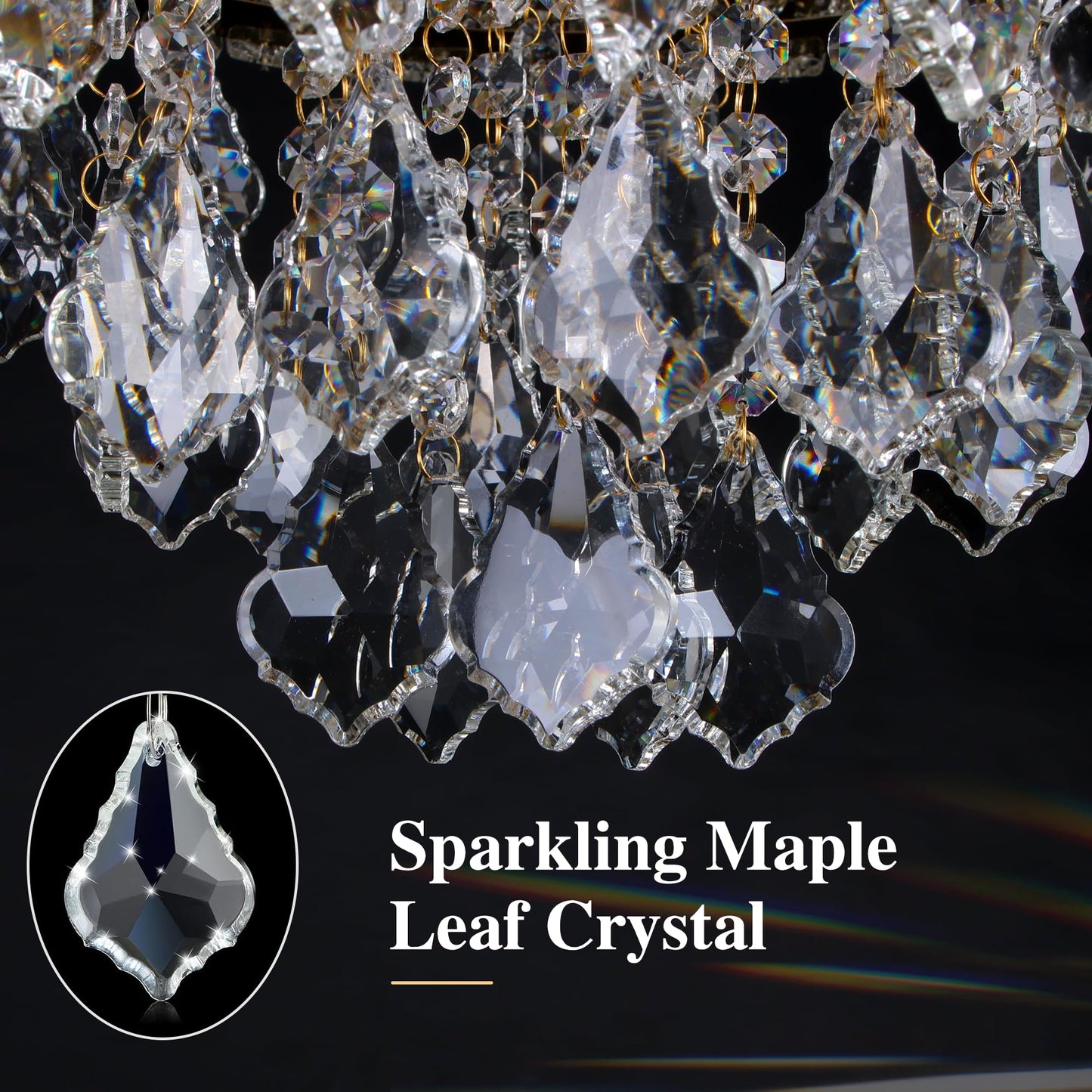 Kuailkag Crystal LED Ceiling Light 24" Modern Flush Mount Chandelier,K9 Crystal Raindrop,Elegant Lighting Fixture with Remote/APP,3CCT,Dimmable Living Room Chandeliers Lights-Golden