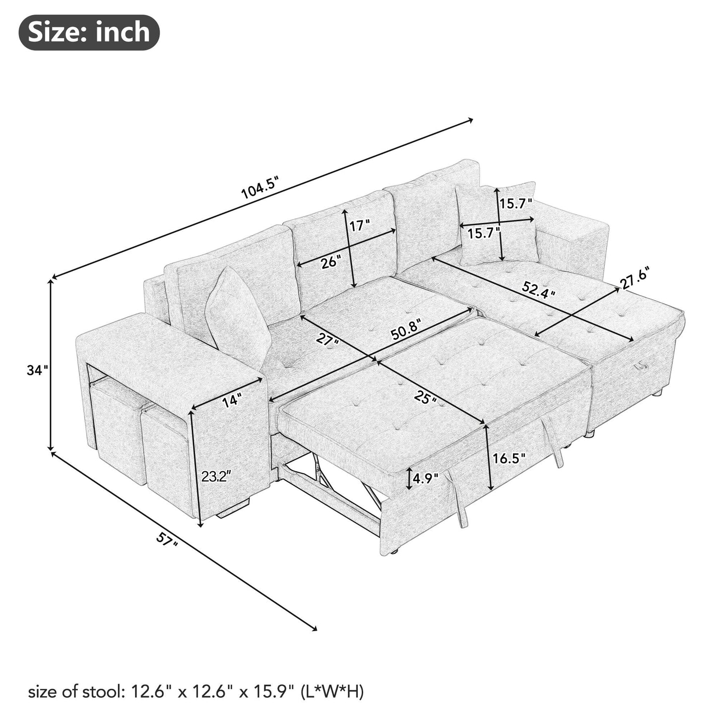 Merax 3 Seat Reversible Sectional Couch, Modern L-Shape Pull Out Sleeper Sofa with Storage Chaise and 2 Stools for Living Room Furniture Set, Cream