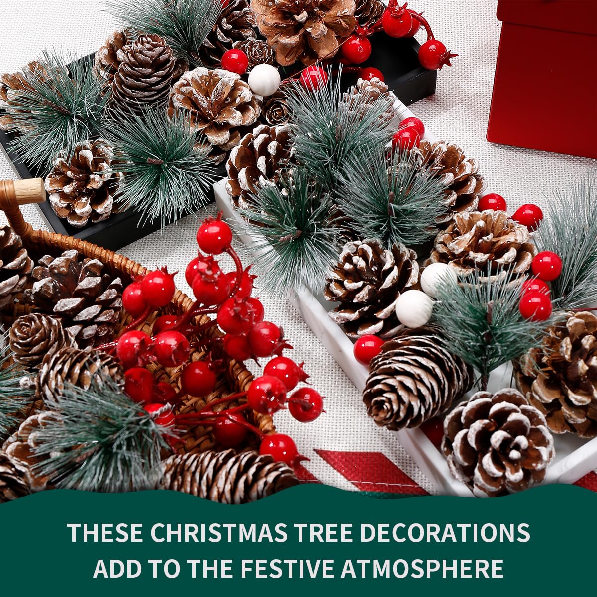 Biubumtu 108 Pcs Christmas Ornaments Pine Cones Berry Pine Branch Set Xmas Decorations for Home, Pinecones for Crafts Vase Filler Wreath Christmas Table Decor