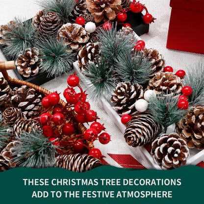 Biubumtu 108 Pcs Christmas Ornaments Pine Cones Berry Pine Branch Set Xmas Decorations for Home, Pinecones for Crafts Vase Filler Wreath Christmas Table Decor