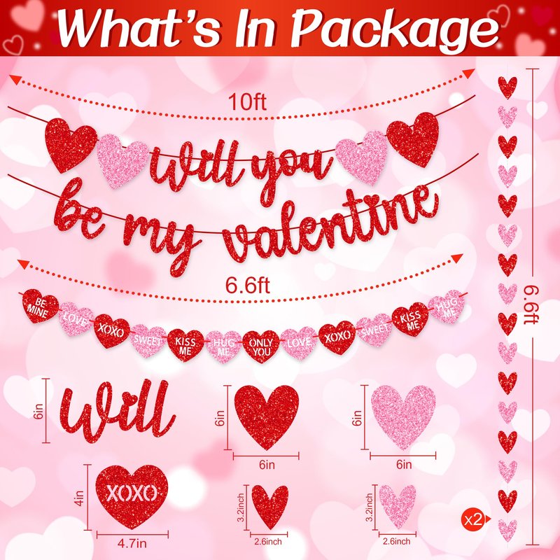Valentines Day Decorations, No DIY Glitter Red Pink Will You Be My Valentine Banner Hollowed Conversation Heart Banner Heart Garlands String for Valentines Home Mantle Wall Office Decor Supplies