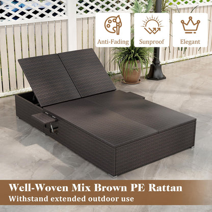 Tangkula Outdoor Rattan Daybed with 6-Level Adjustable Backrests, 2-Person Adjustable Wicker Recliner Bed with Cushions & Folding Side Trays, Double Sunbed Lounger for Balcony, Backyard & Poolside
