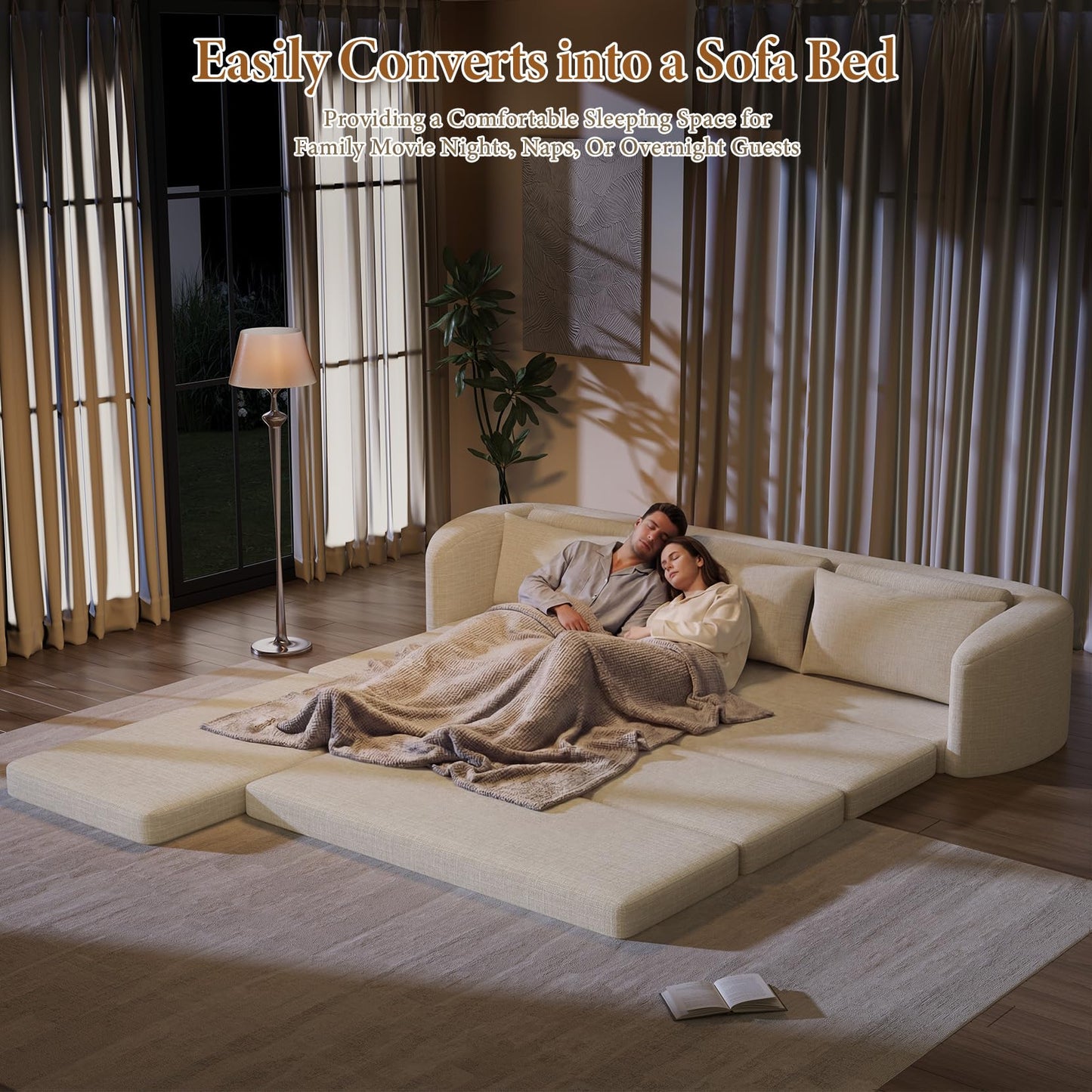 Vesgantti 6 in 1 Convertible Folding Sleeper Sofa Bed, 110.2" Modular Sectional Sofa with Curved Armrest, Chenille Boneless Couch for Living Room, No Assembly Required, Beige, Left Facing Chaise
