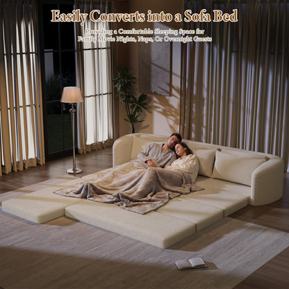 Vesgantti 6 in 1 Convertible Folding Sleeper Sofa Bed, 110.2" Modular Sectional Sofa with Curved Armrest, Chenille Boneless Couch for Living Room, No Assembly Required, Beige, Left Facing Chaise