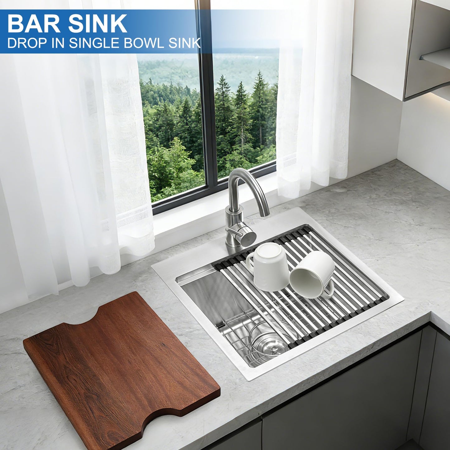 Scamall 18x18x10 Drop In Kitchen Sink Workstation, Brushed Silver 304 Stainless Steel Single Bowl with Quick Drainage & Tarnish-Free Surface for Bar, RV, Includes Accessories